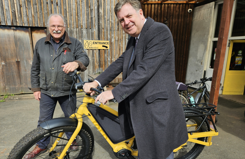 Mel Stride, MP for Central Devon, with BikeShed owner, Mike Sanders
